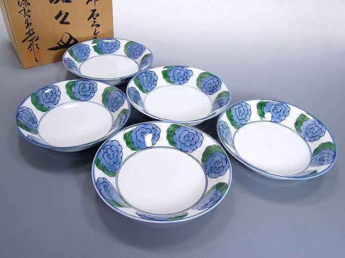 源右衛門 染錦草花文 和菓子皿 是米木窯 10客 染付 共箱 源右衛門 染錦