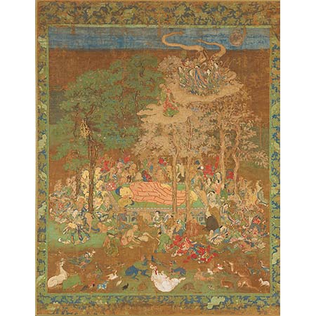 掛軸 超大幅 古仏画 『釈迦涅槃図』 紙本 肉筆 彩色 箱無 仏画 仏教