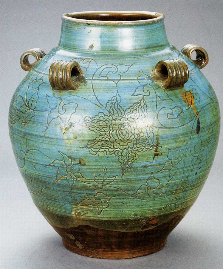 侍】江戸時代 古弓野焼 鉄絵緑彩松絵大甕 水甕 肥前陶磁