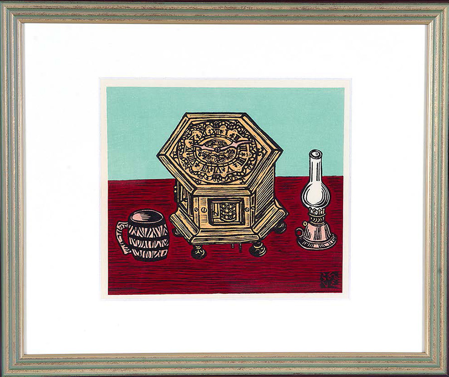 時計とコップ 川上澄生 額装 木版画 堀田時計店 1971年 時計とコップ