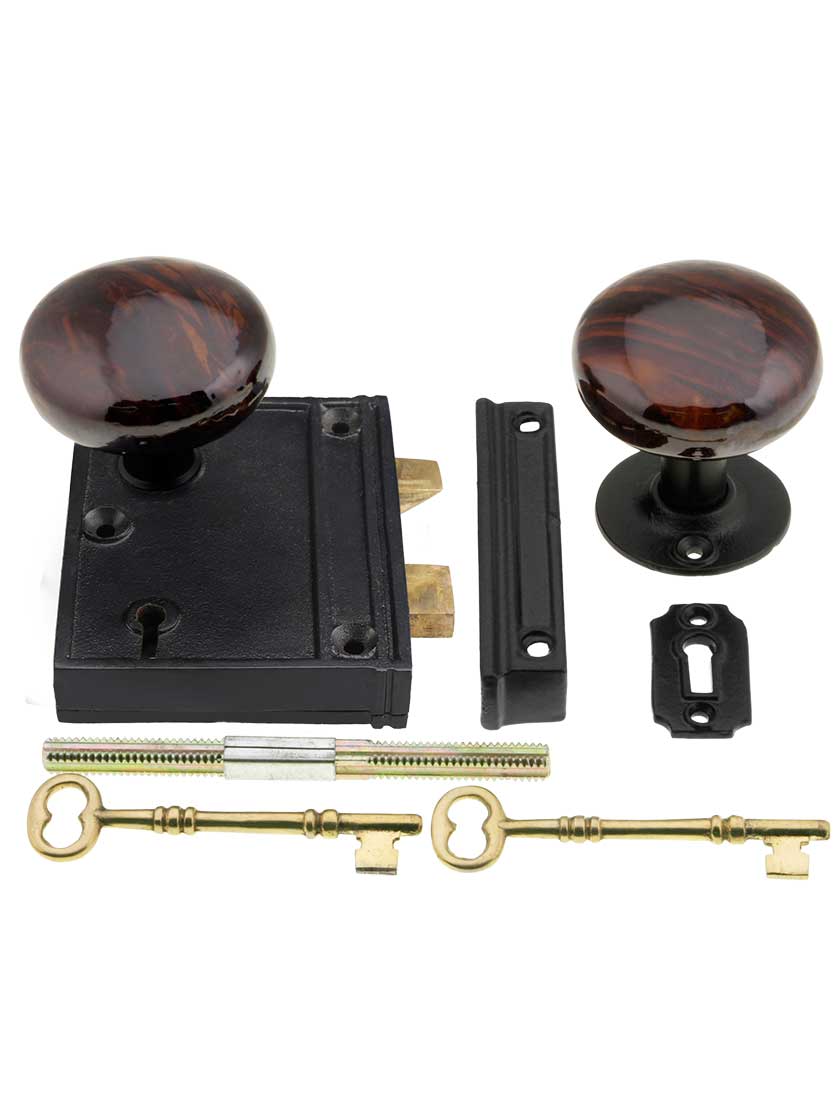 Cast Iron Vertical Rim Lock Set with Bennington Style Door Knobs