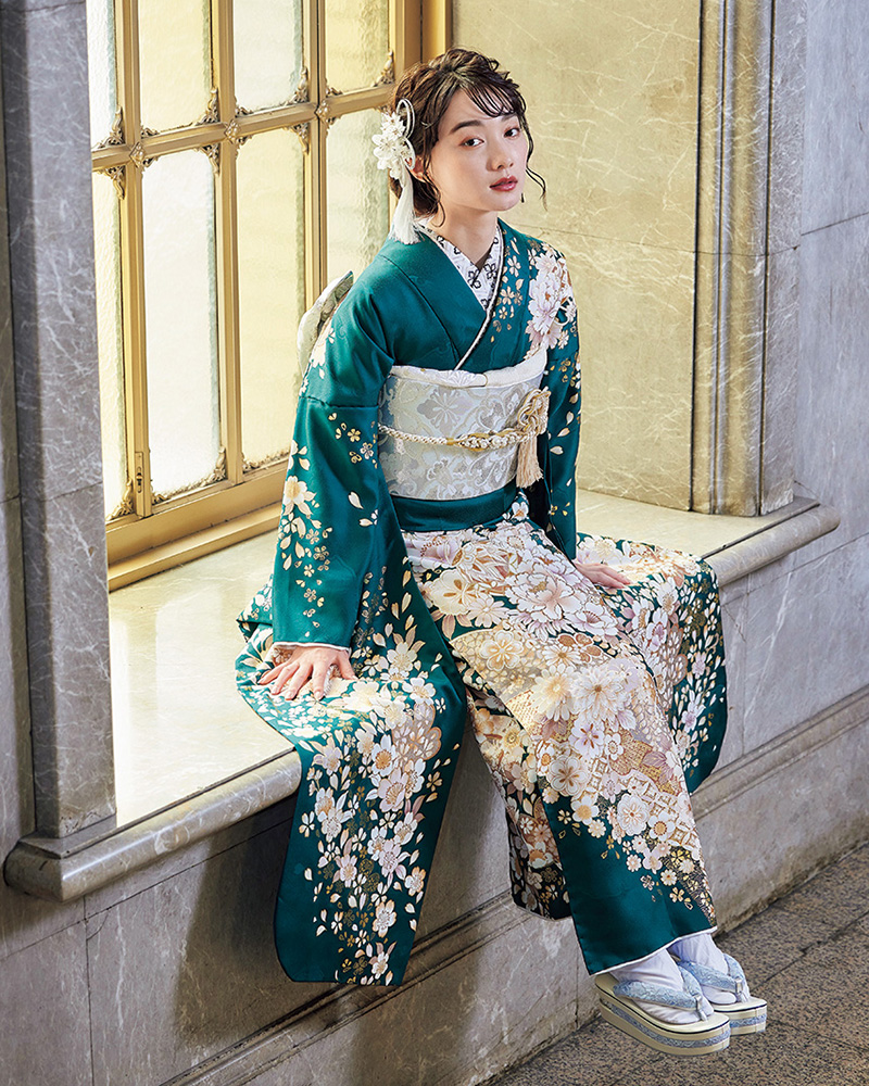 青緑色 花柄 振袖 帯 成人式 青緑色 花柄 振袖 帯 成人式 青緑色 花柄