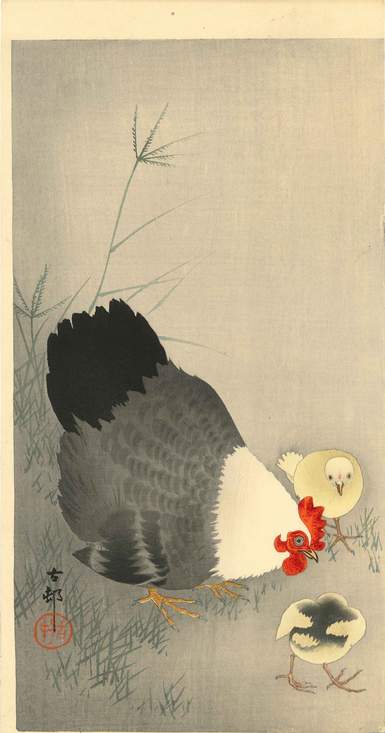 小原古邨「雄鶏と雌鶏」本物木版画 小原古邨「雄鶏と雌鶏」本物木版画