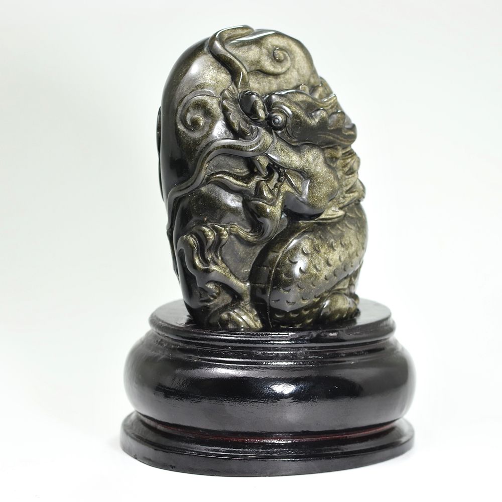 高品質]メキシコ産ゴールデンオブシディアン黒曜石/(辰)龍彫刻（全高約