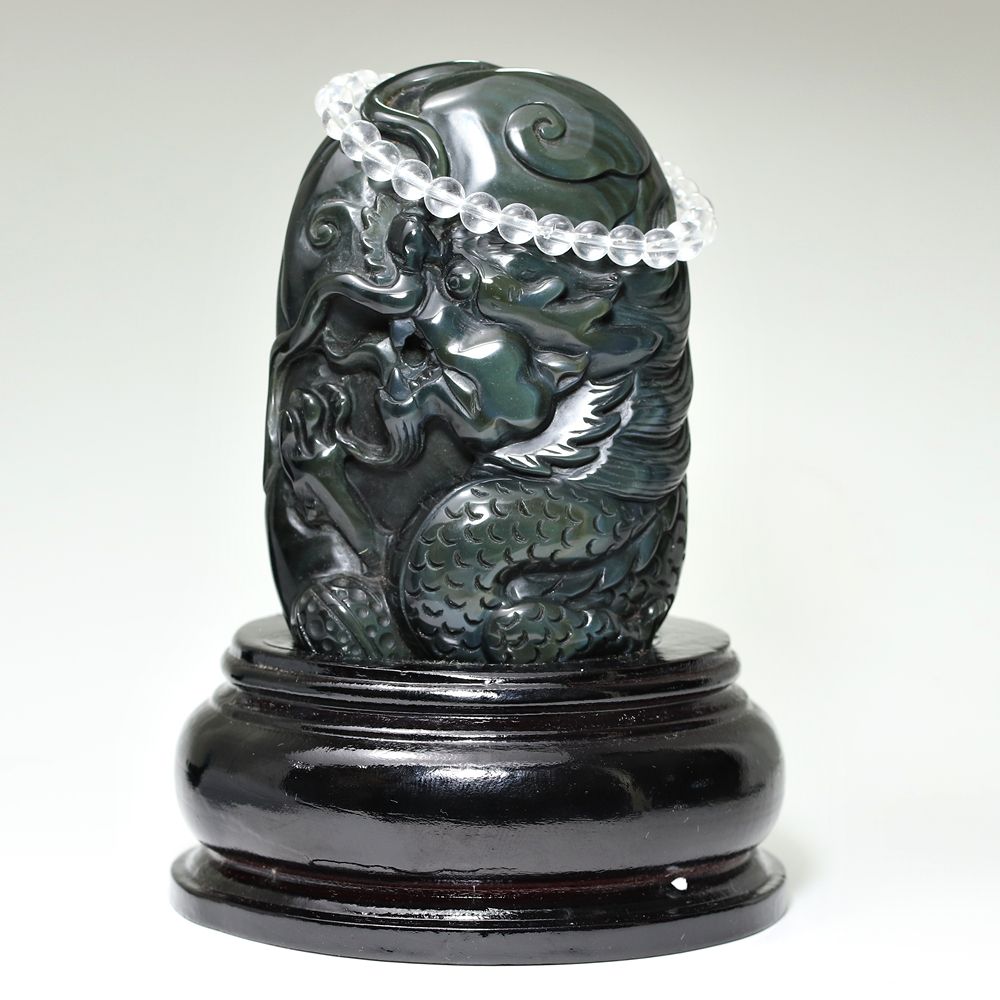 高品質]メキシコ産レインボーオブシディアン黒曜石/(辰)龍彫刻（全高約