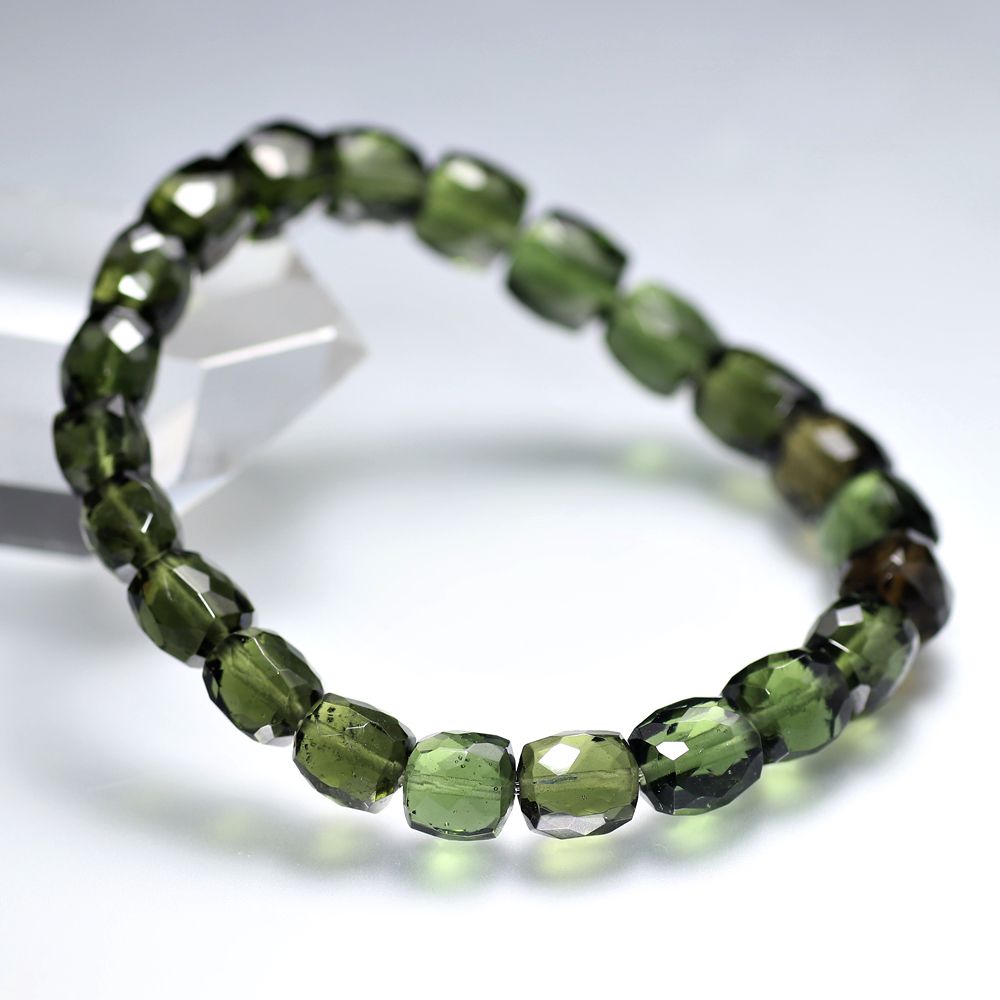 高品質++]天然モルダバイトブレスレット/タンブルカットビーズ（約7.5