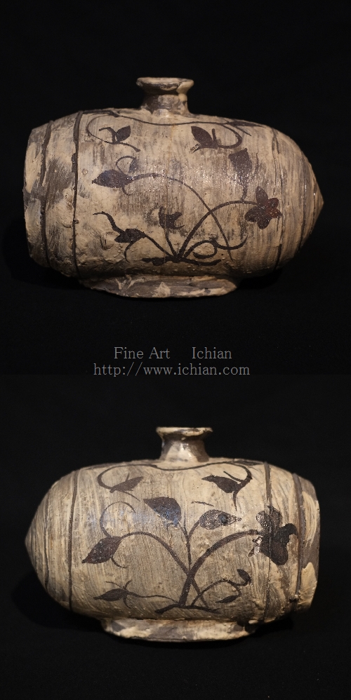 粉青白地鉄絵草花文俵壺鶏龍山 李朝初期 :: ichian