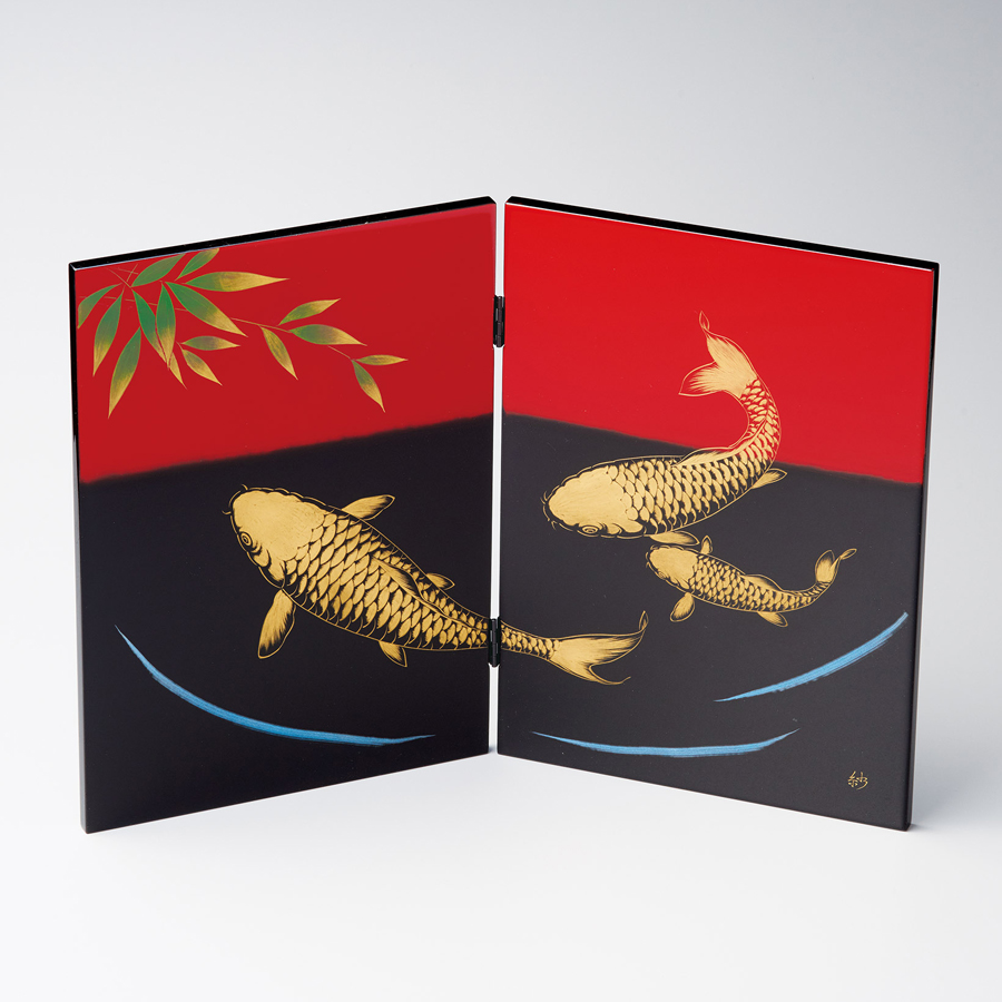 屏風 沈金朝焼け錦鯉 黒朱 木製 漆塗り (製造中止) 漆器の井助