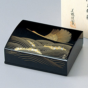 名刺箱(大)沈金 波に鶴 黒 木製 漆塗り 名刺ケース・名刺入れ 12-12307