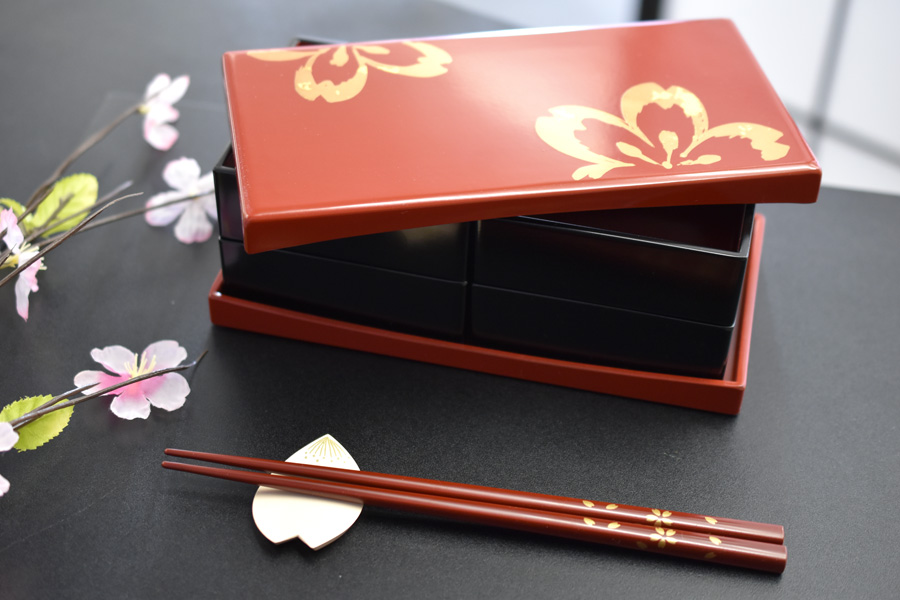 金銀蒔絵 野弁当箱 椿 梅紋 漆器 重箱セット 金箔花模様