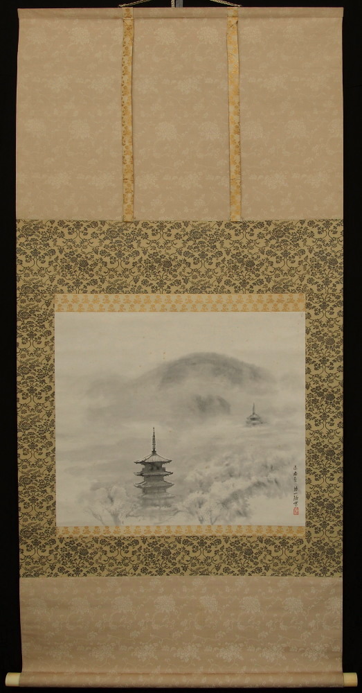 中国古美術 明代 文徴明作款 山水図 青門山上居 水墨画 掛軸絹本 三尺