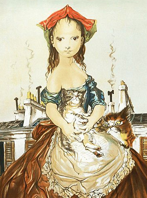 藤田嗣治 油彩F8号 パリ屋根の前の少女と猫 表サイン 裏