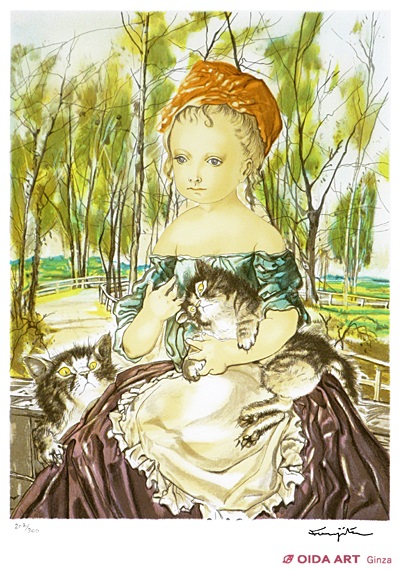 藤田嗣治、絵画、油彩4号、猫を抱く少女、肉筆、新品額縁、鴨居玲