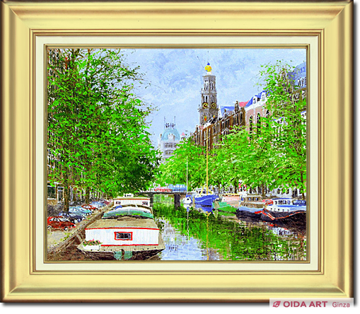 真作 小田切訓「塔のある運河」キャンバスに油彩 F4号 額装・タトウ箱