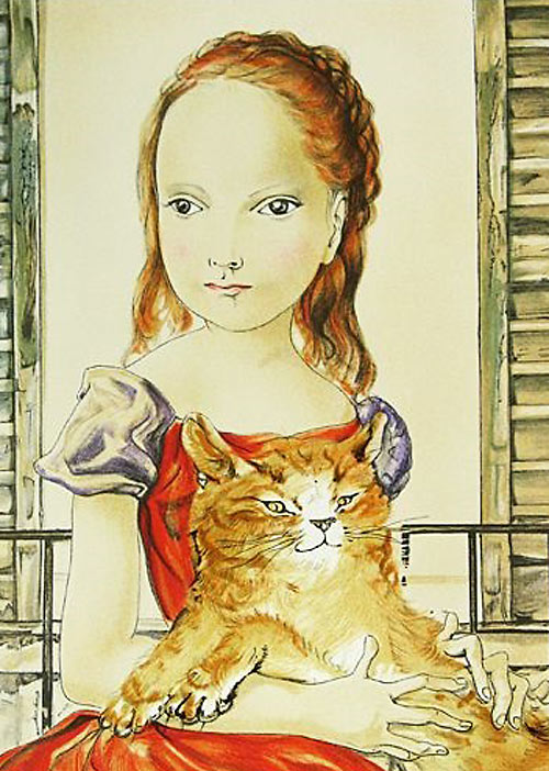 藤田嗣治 油彩F8号 パリ屋根の前の少女と猫 表サイン 裏 田村孝之介