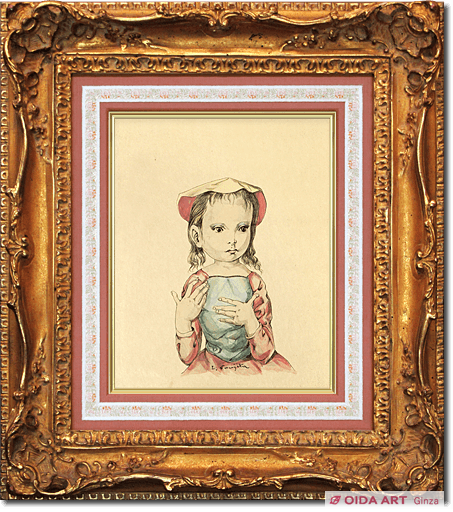 藤田嗣治、絵画、油彩画4F猫を抱く少女、高級額縁、肉筆、鴨居玲