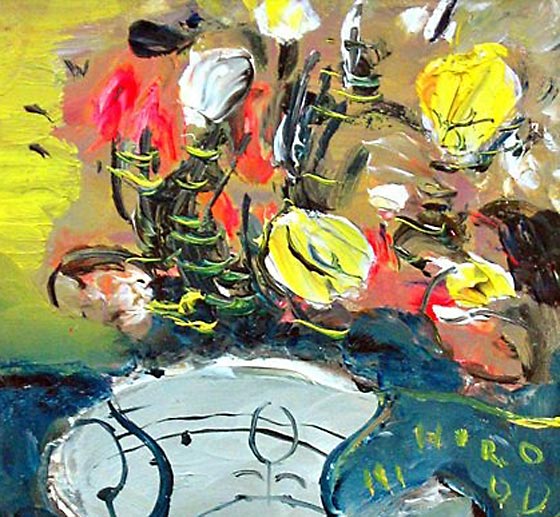 織田広喜 花（青と黄の背景） | 絵画など美術品の販売と買取 | 東京