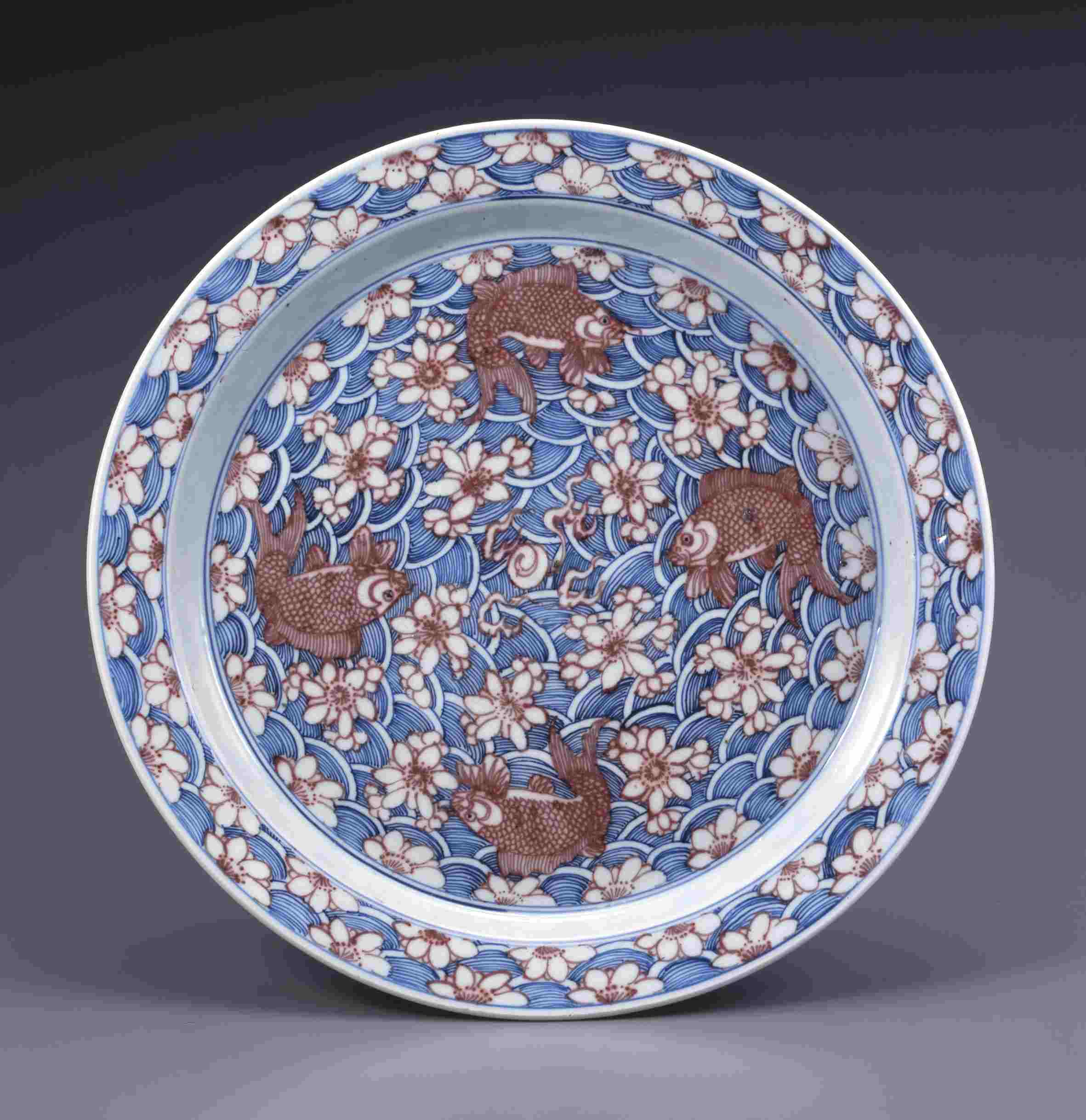 藍 手描きの雲龍模様 陶器 大きな火鉢 色絵赤玉雲龍文鉢｜展示中