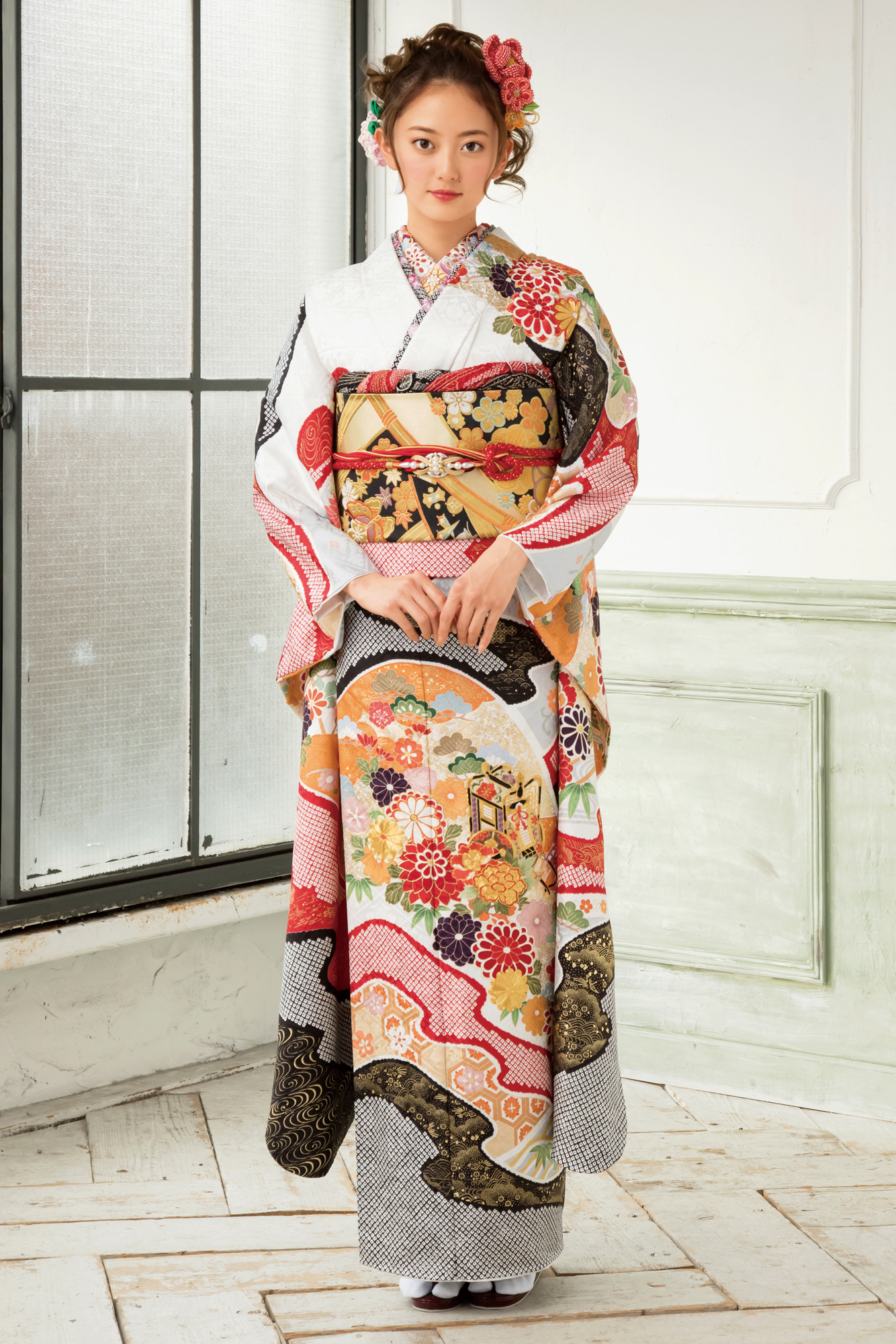 逸品 振袖7点フルセット 金駒刺繍 成人式 謝恩会 卒業式 黒地