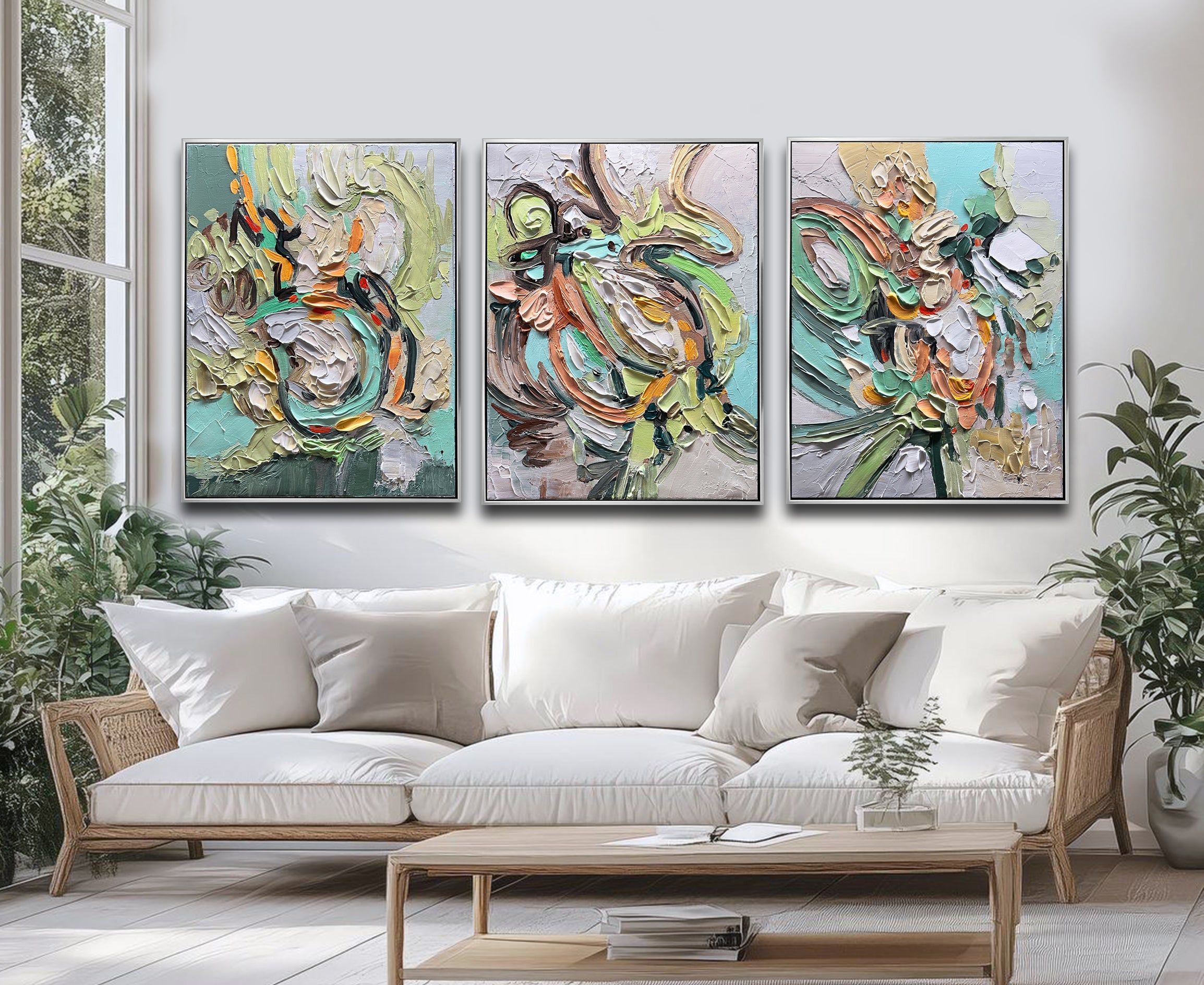 Serenade of Green Triptych – Abstract Nature Harmony in Soft