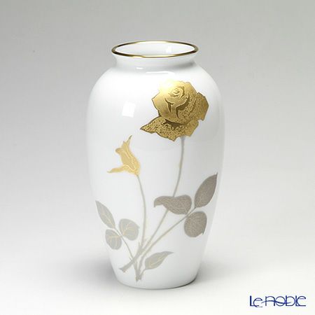 大倉陶園 OKURA 金蝕薔薇文 花瓶 N 6265 大倉陶園 OKURA 金蝕薔薇文
