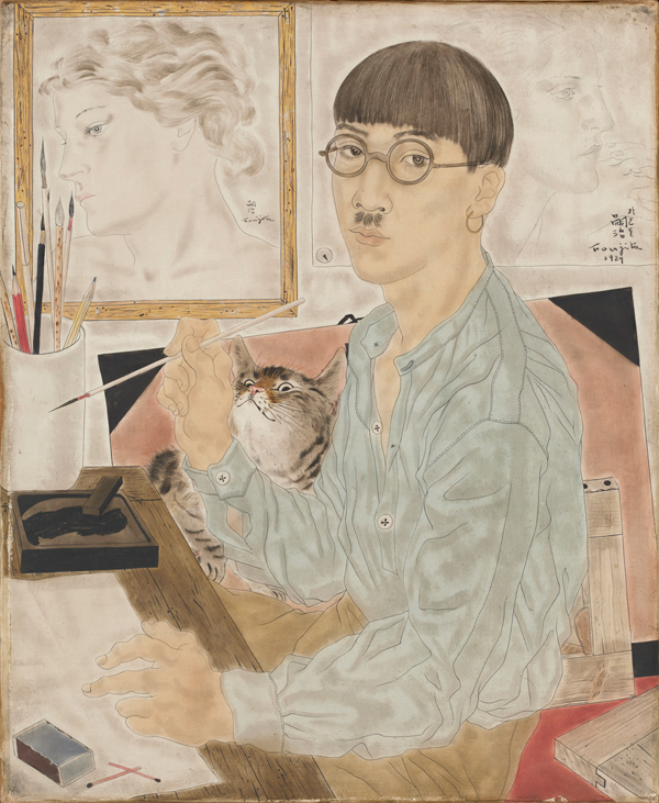 藤田嗣治レオナールドフジタ 喫煙する自画像のリトグラフ