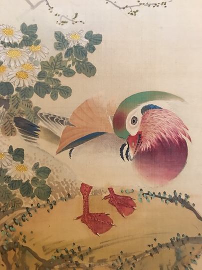 真作】掛軸 軍鶏図 細密彩色花鳥画 秋の風趣 写実花鳥画 合箱入 T108