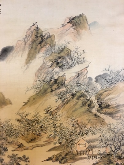 真作/幕末の南画家/日根野対山/山水画賛/布袋屋掛軸A-383 真作/幕末の