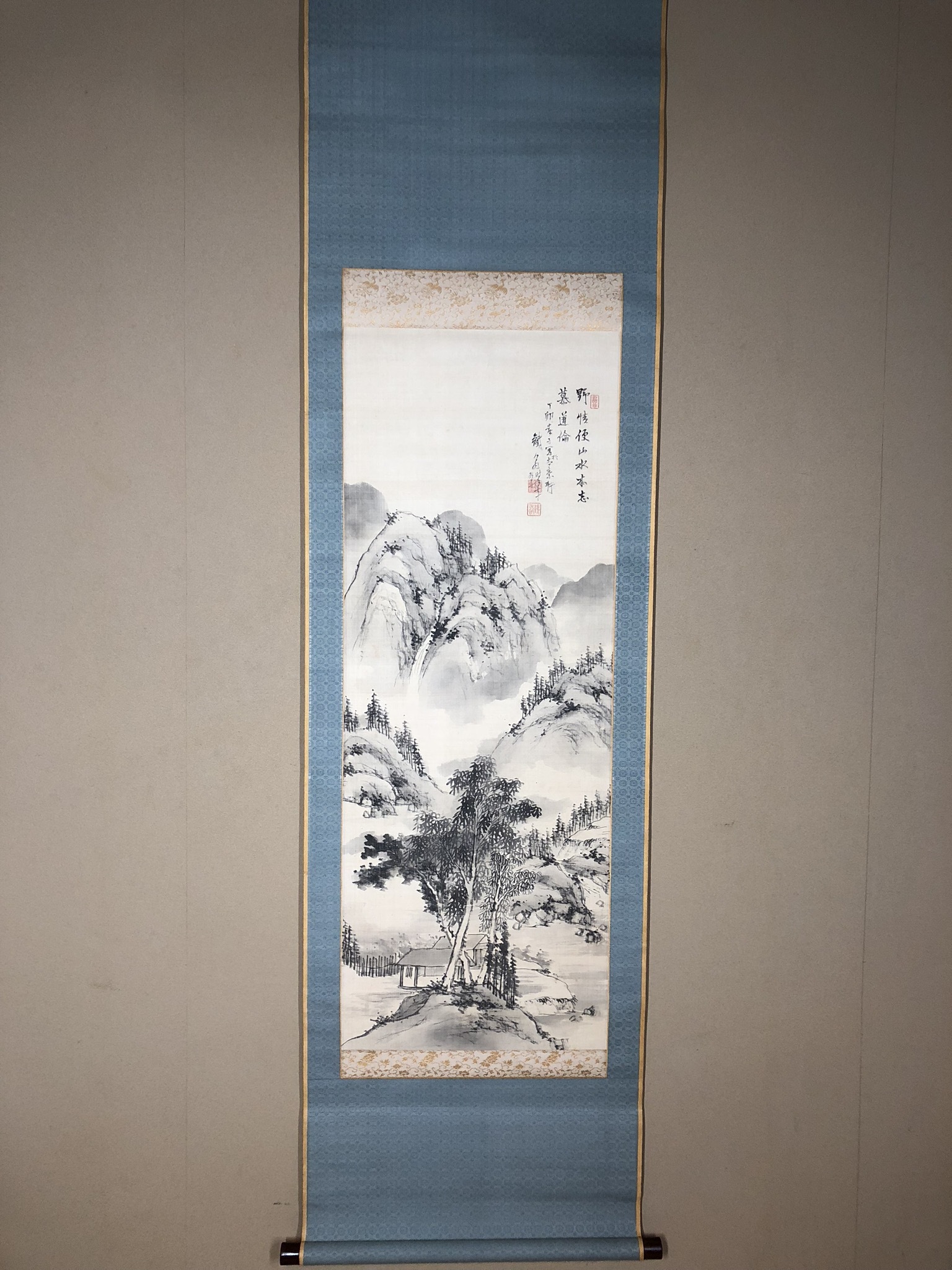 M-243掛軸 絹本肉筆 共箱 二重箱 山水雪景色【長田雲堂】南画家 福井三