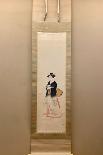 真作】掛軸 奥村恭法 渡唐天神之図 梅花人物像 彩色日本画 共箱入 U15