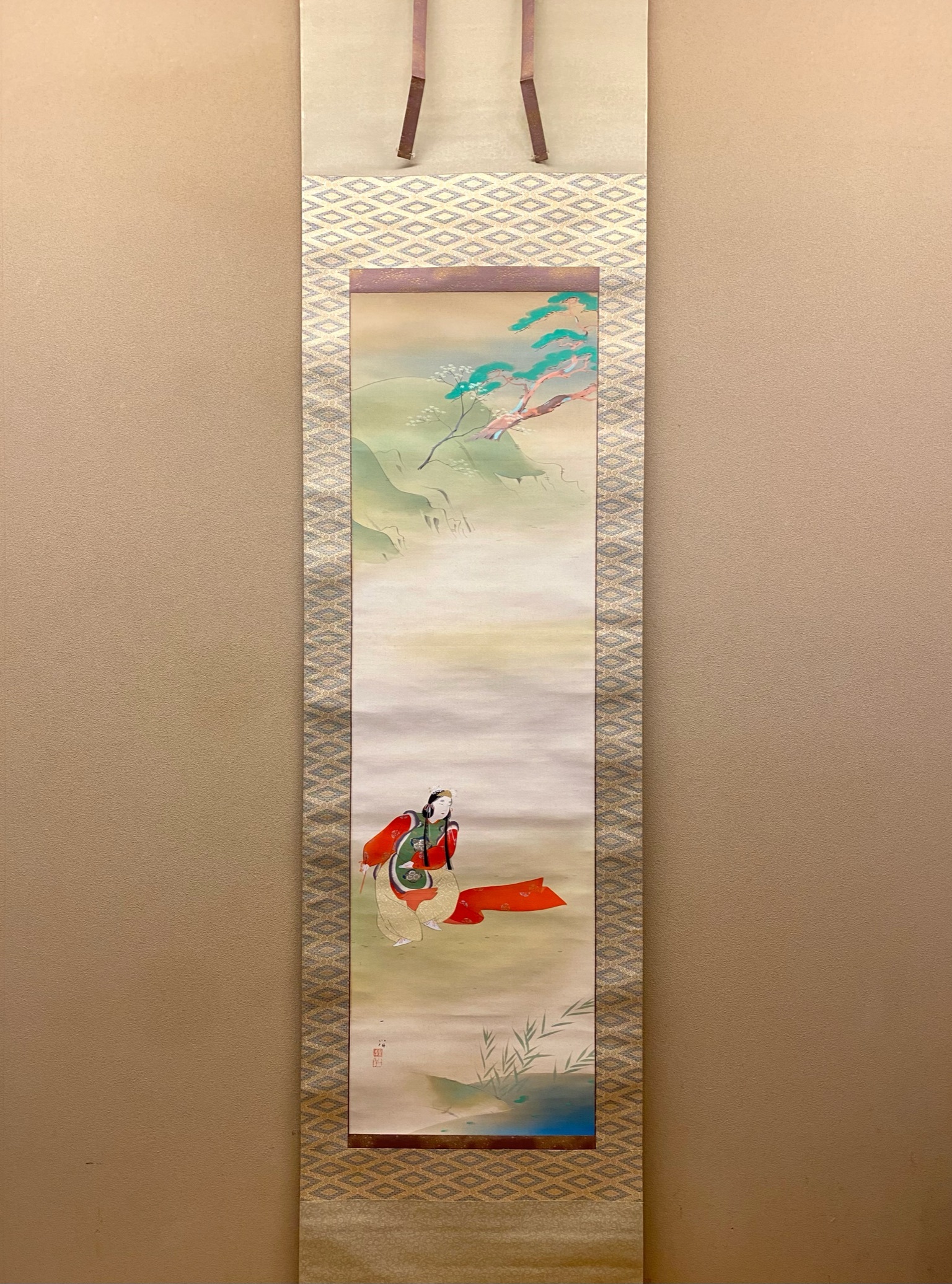 古い掛軸 村上一笑 一笑道人 鑑定の箱書きあり 甲戌 松竹梅 日本画 j36