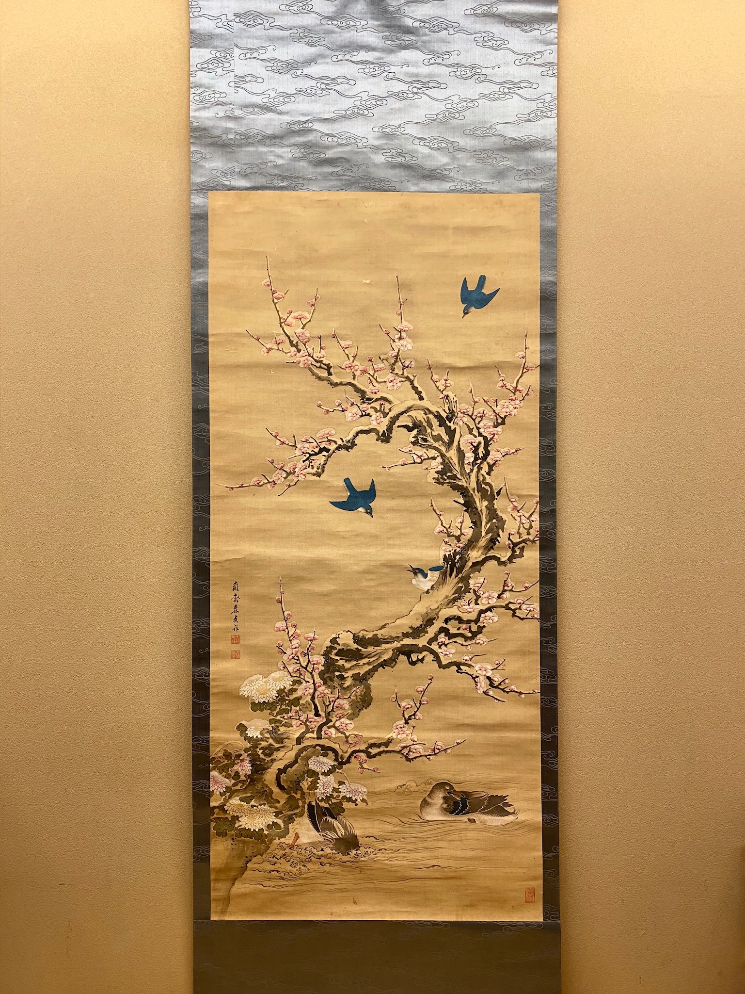 COOO06052 紅葉に鳥 掛軸 軸先象牙【かんたん決済は不可】◇送料込み【真贋