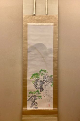 翠渓雨霞図(新緑に滝)】川島梅関 1008 共箱 掛け軸 肉筆 山元春挙門下