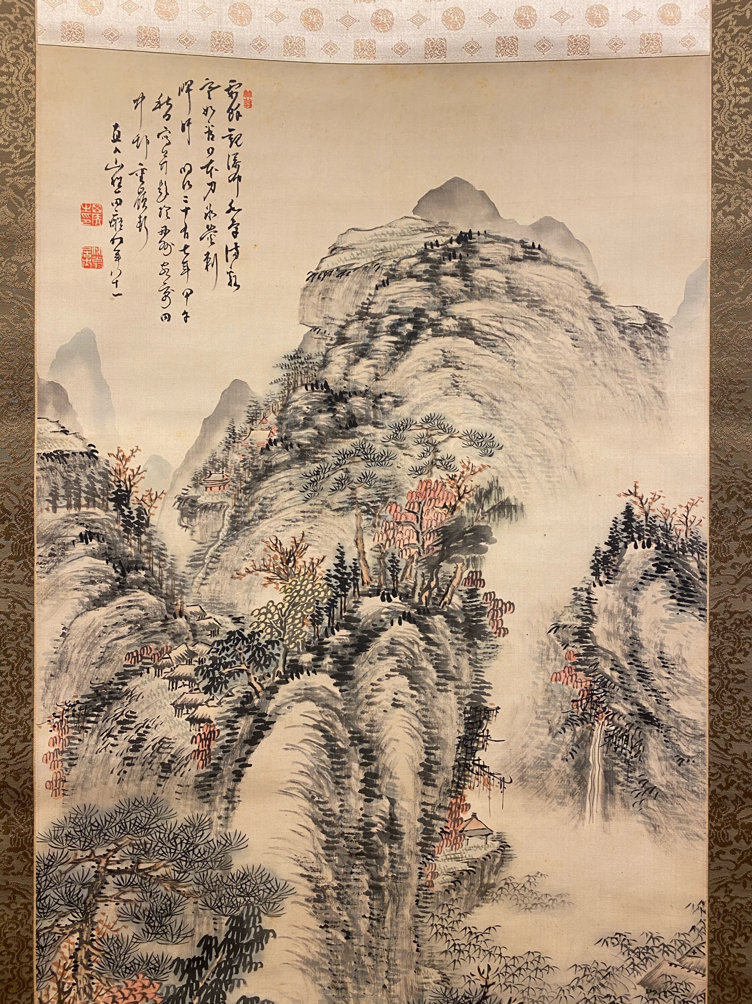 真作】田能村直入/山水松竹梅画賛/掛軸☆宝船☆Z-443