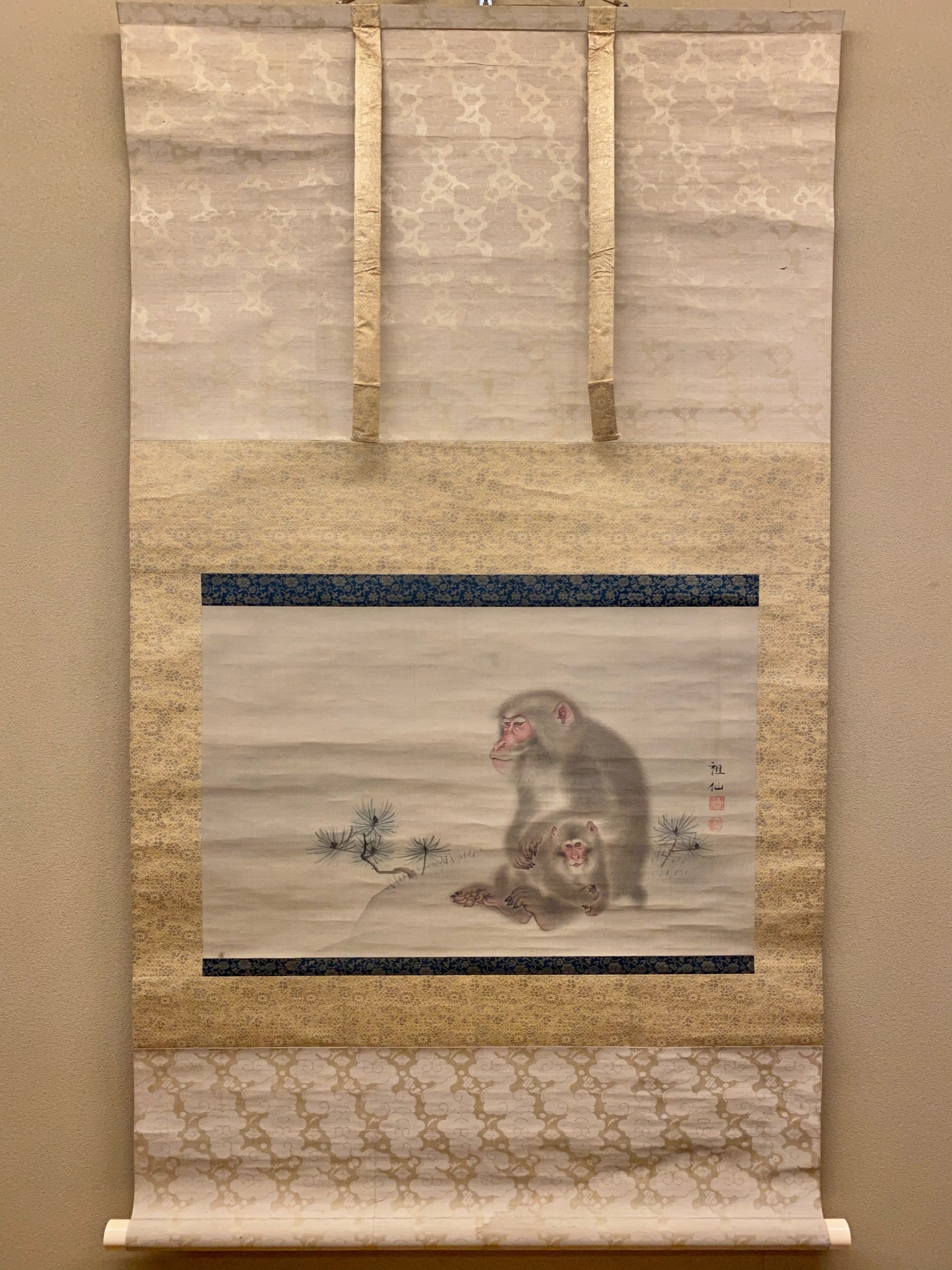 真作/森派の祖/森祖仙/猿画賛/金襴表装/布袋屋掛軸HI-101