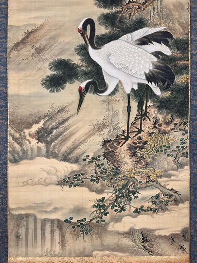 真作】掛軸 藤原徳星 蓬莱双鶴 端正な墨彩画 吉祥画題 二重箱入 T121