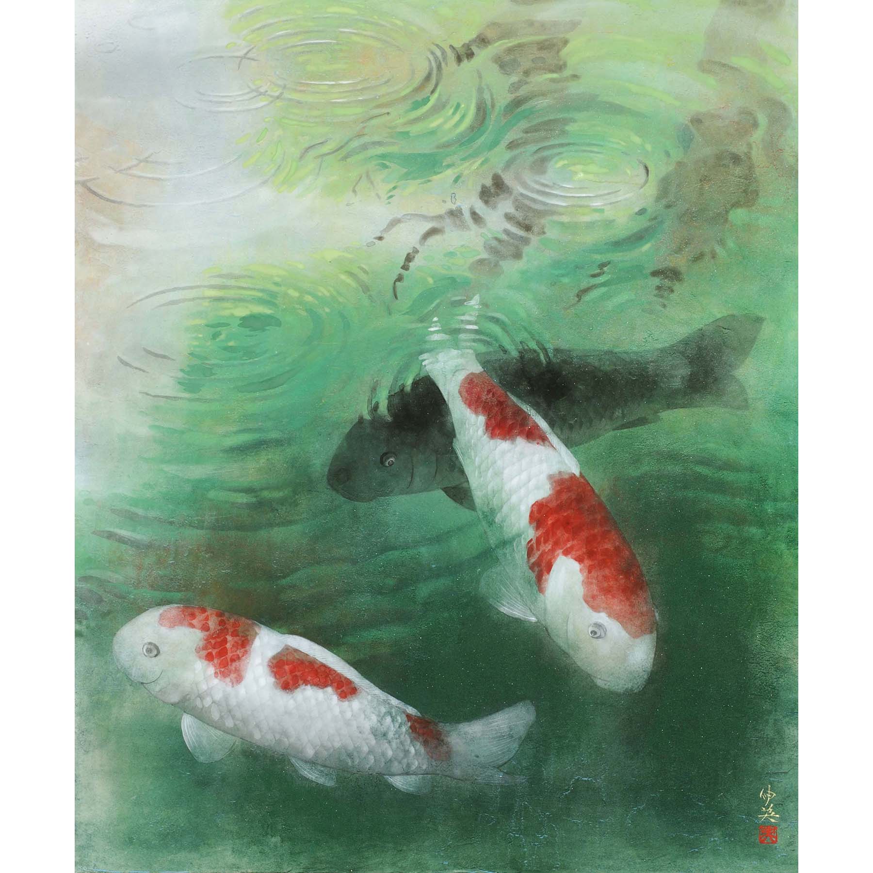 絵画 鯉 作者不明 彩画 契園 額付き 額縁/K-2 絵画鯉作者