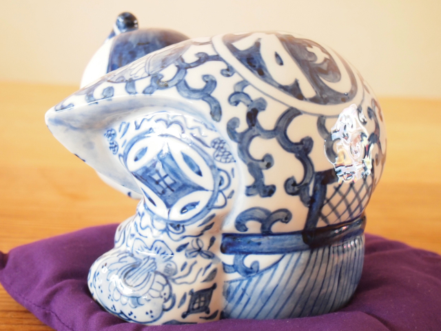 九谷焼 4号お辞儀福助 染付 布団付 九谷焼マルヨネ 陶芸窯和陶房