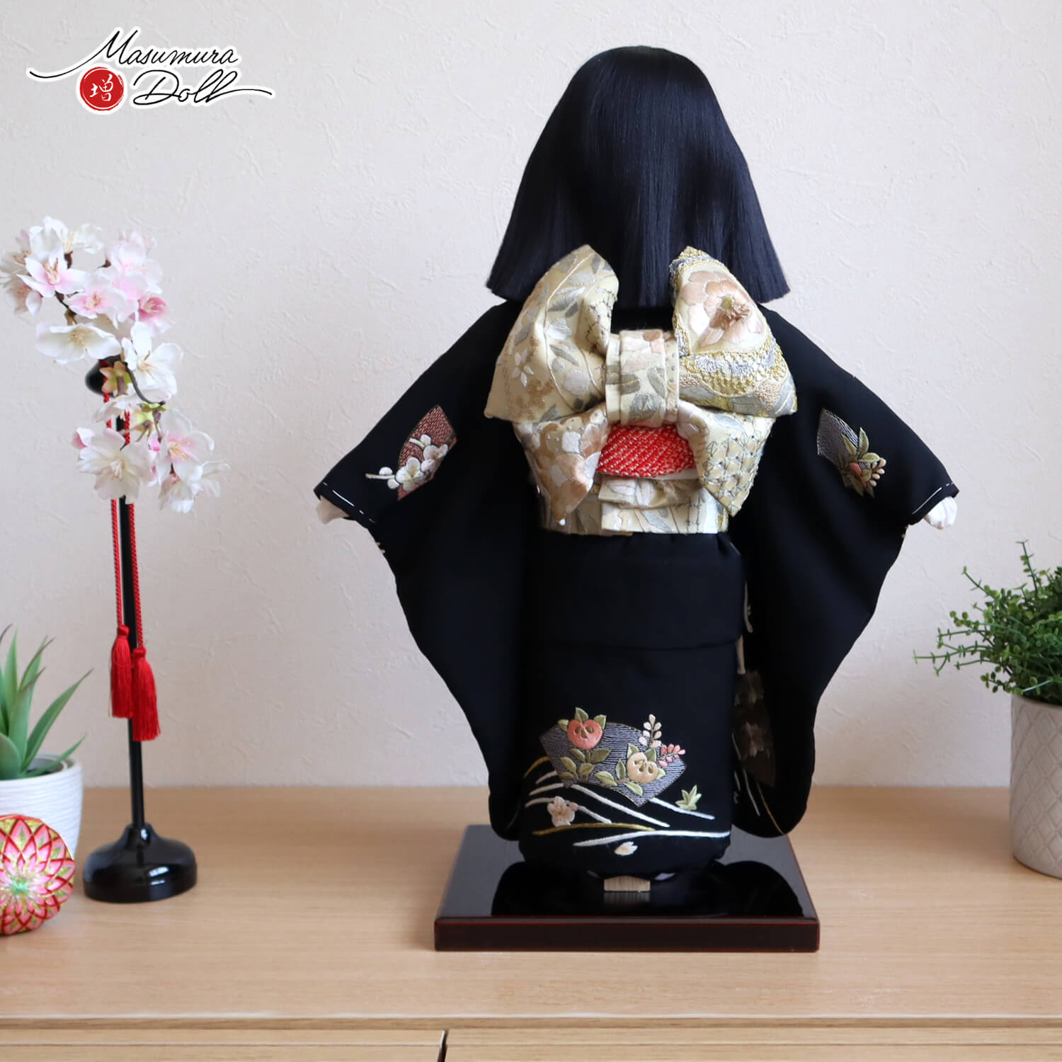 元賀章介作 12号(尺二) 本帯スワトウ刺繍 手刺繍 波に扇面 黒 手塗本漆