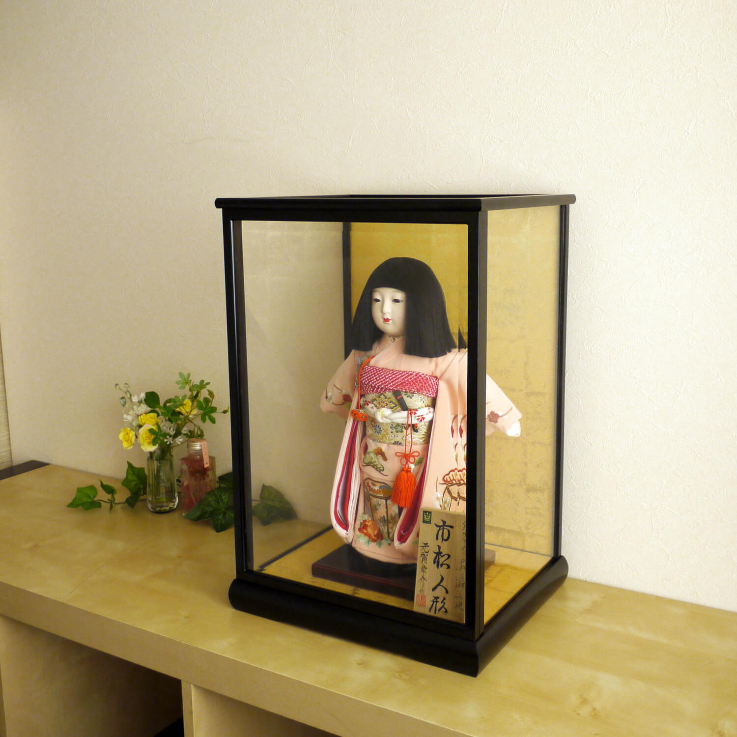 11号,12号用 国産 最高級人形ケース 黒塗前扉 前ガラス面取 市松人形