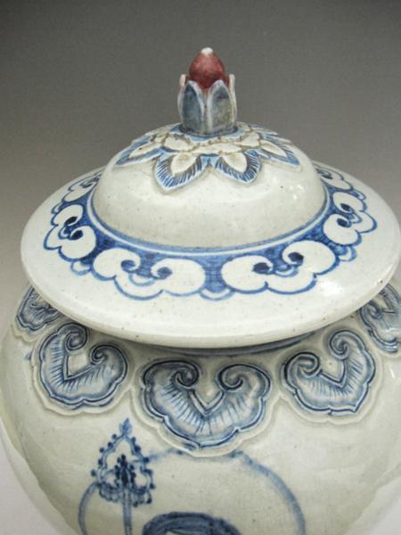 李朝 青花仏文蓋付壺 全高36cm 韓国 朝鮮 陶磁器 希少 地蔵 卍