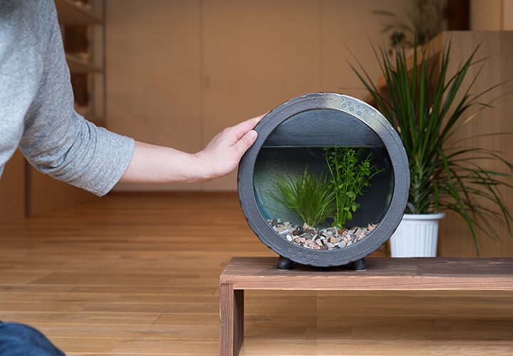 和 アジアン 青緑色 花模様 丸型 水槽 陶器 金魚 メダカ 和＆アジアン