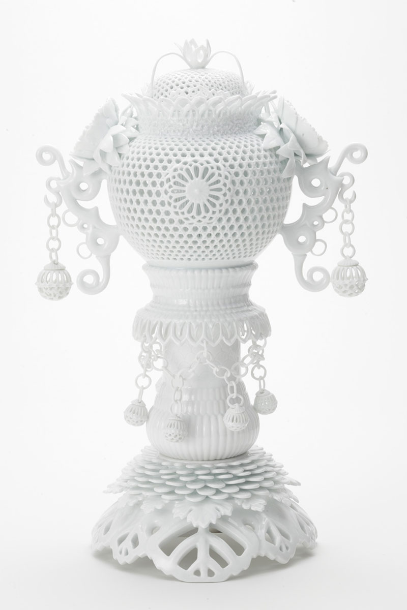 無形文化財 13代 三川内玉泉 透かし彫り香炉 三川内焼 13代