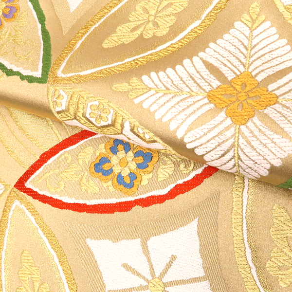 C617厳選西陣手織振袖可花鳥吉祥文様金地六通高級正絹美術袋帯