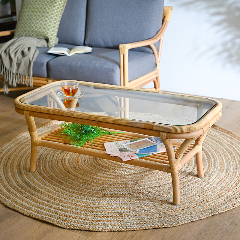 籐の丸テーブル／ラタンガラステーブル