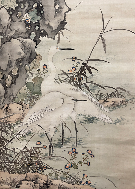 月下双狸図】望月金鳳 2501 満月に秋草小タヌキ 掛け軸 肉筆