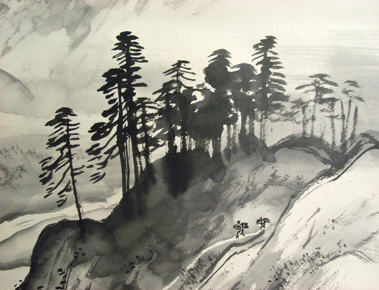 川合玉堂紙本水墨山水画【山間の渓流】肉筆画掛軸一幅軸先骨285