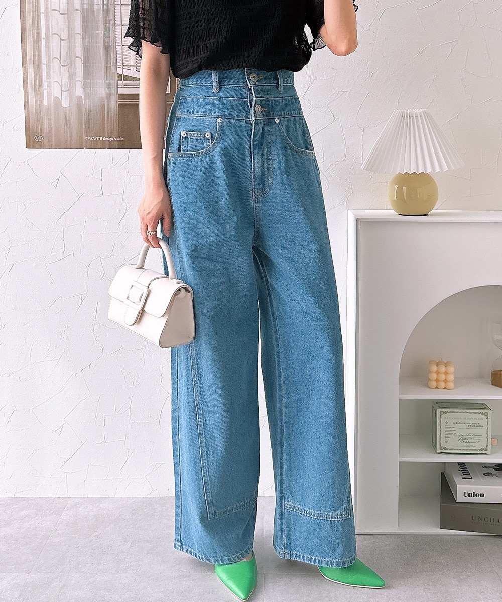 ハイウエストオーバーラップワイドデニムパンツ 通販【ニッセン】