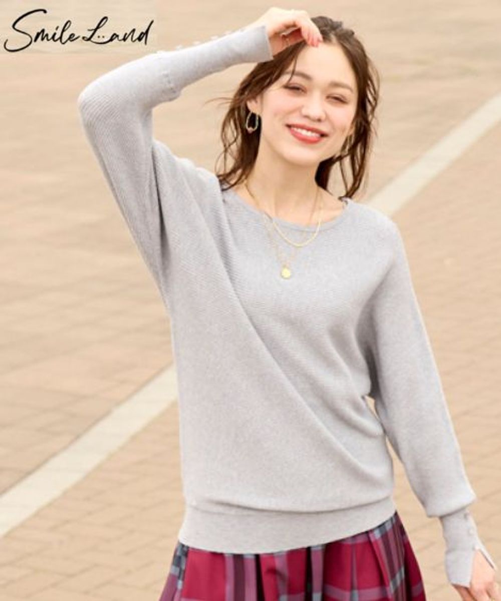 大きいサイズ 袖スリットボタンデザインドルマンニットプルオーバー