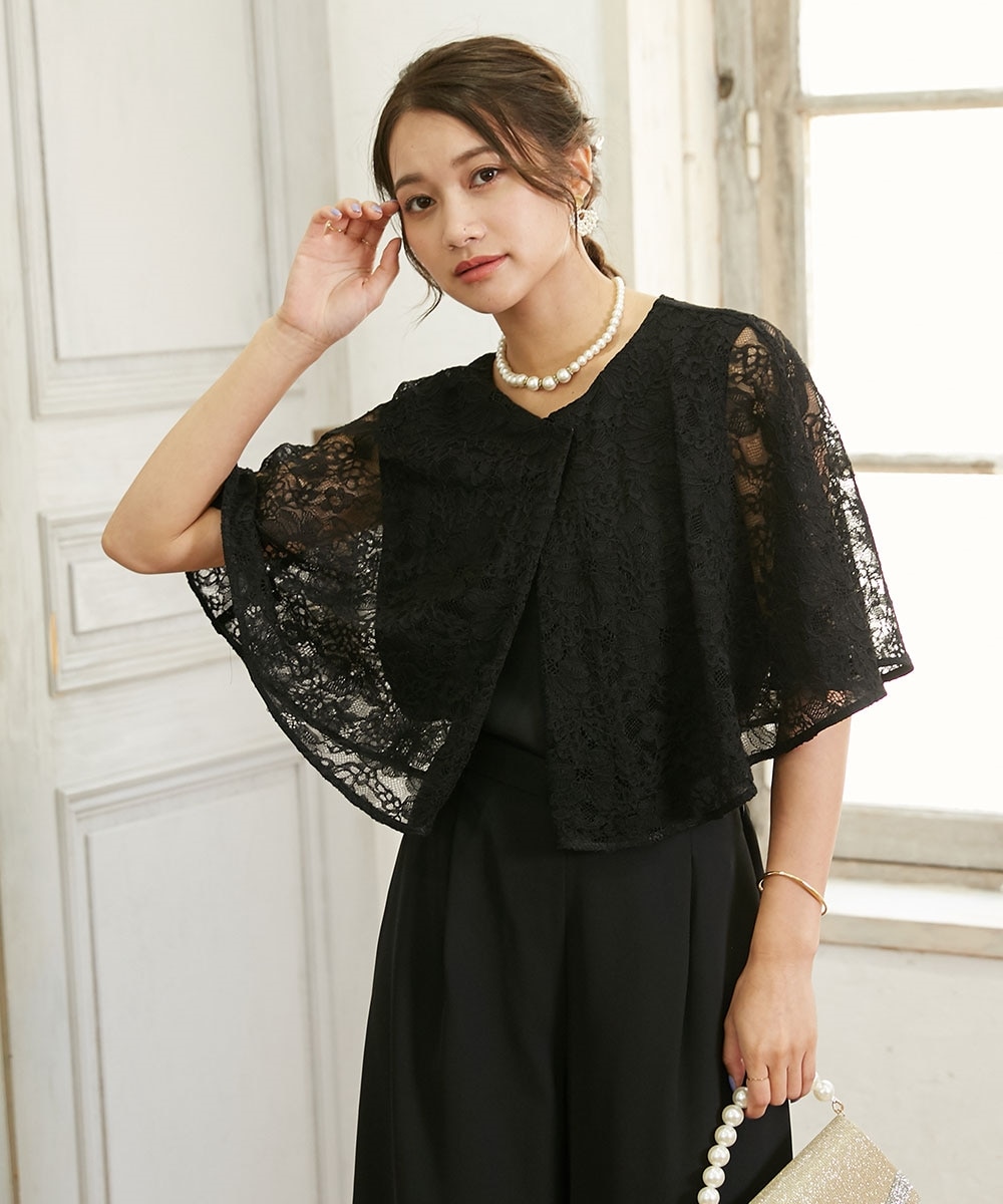 結婚式・パーティードレス】前開きレースケープ風パンツドレス＜大きい